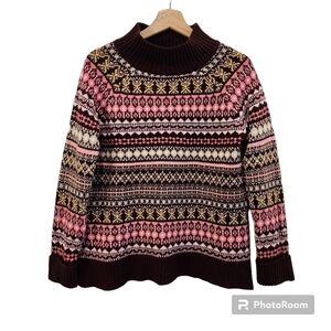 New York & Company Sweater Sz Large Fair Isle Maroon Pink Mock Neck Winter Cozy